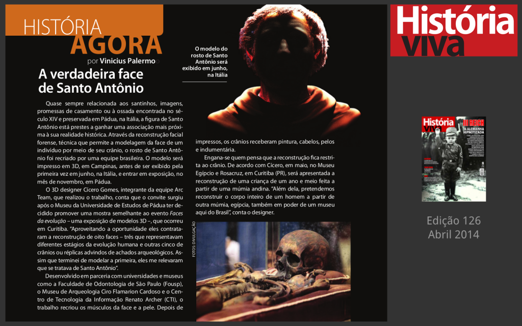Revista História Viva - Nota sobre a reconstrução facial de Santo Antônio - abril de 2014.