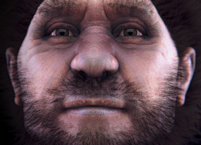 Face de um Homo erectus pekinensis reconstruída a partir da deformação da tomografia reconstruída de um homem moderno.