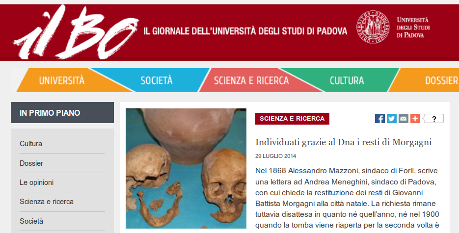 Site de notícias da Universidade de Estudos de Pádua, onde a repórter Monica Panetto fala pela primeira vez sobre uma possível reconstrução (em italiano): http://www.unipd.it/ilbo/content/individuati-grazie-al-dna-i-resti-di-morgagni